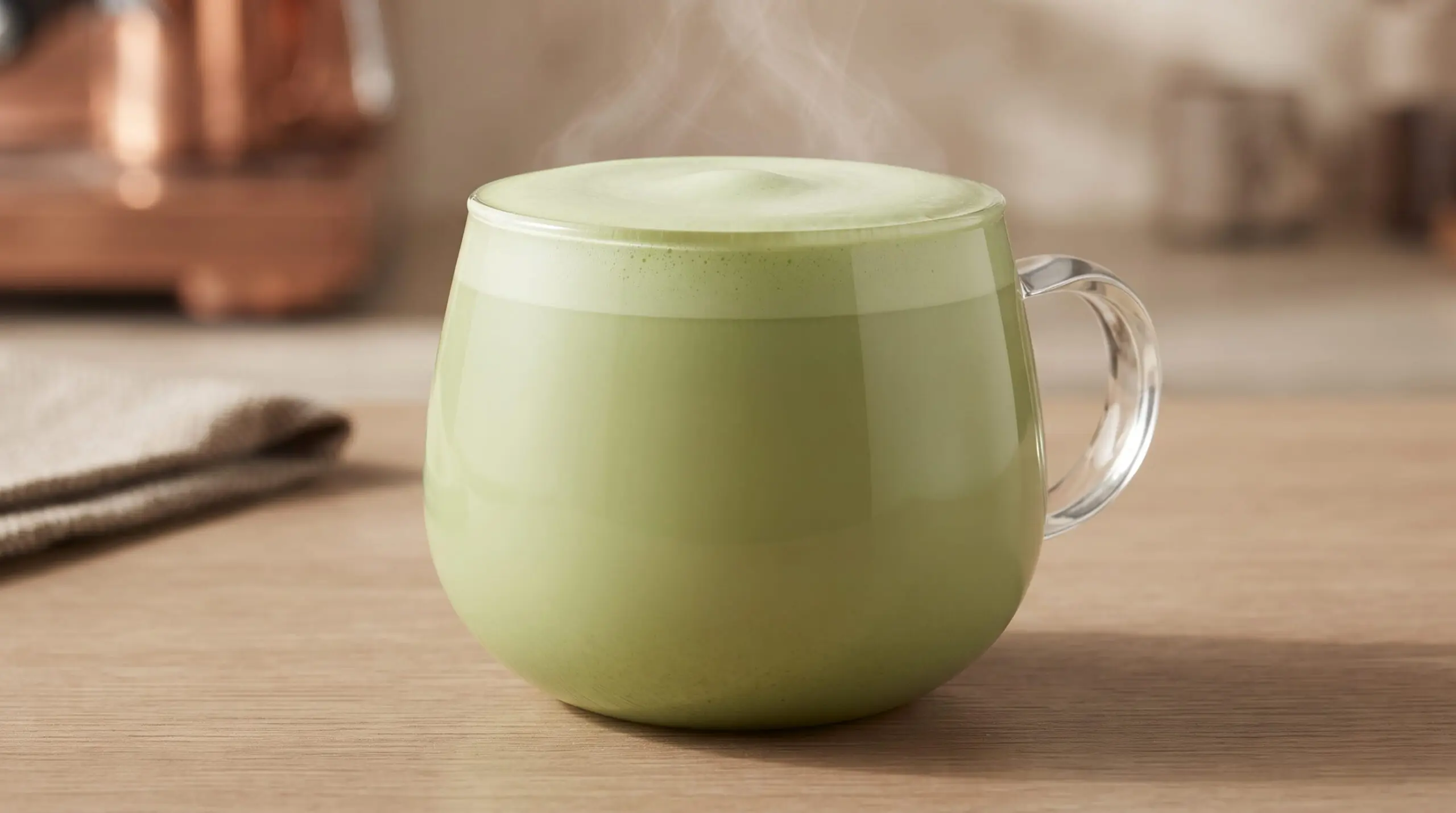 Tim Hortons Strawberry Matcha Latte served hot in a rounded glass mug with pink foam.