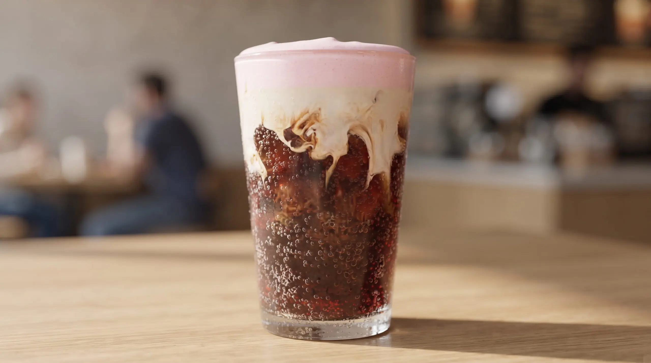 Tim Hortons Strawberry Soda Swirl with dark fizzy base and marbled cream swirl top.
